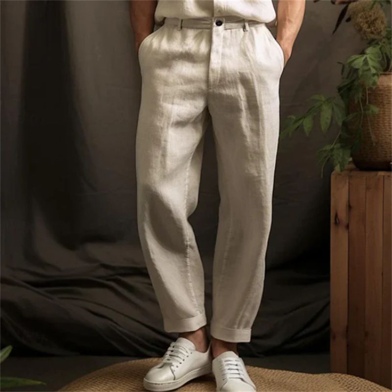 Men's Linen Straight Leg Trousers Solid Color Casual Lightweight Breathable Everyday Outdoor Comfortable Fit_viptrois.com