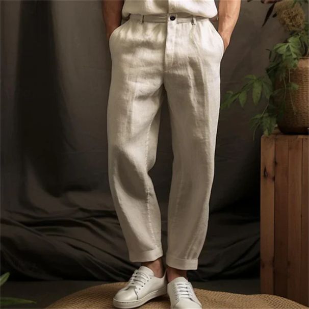 Men's Linen Straight Leg Trousers Solid Color Casual Lightweight Breathable Everyday Outdoor Comfortable Fit_viptrois.com
