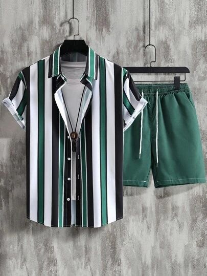 Men's Clothing Striped Contrast Color 3D Printing Summer Vacation Shirt Shorts 2 Piece Set_viptrois.com