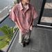 Men's Clothing Fixed Color Woven Plaid Seersucker Cross Yoke Loose Silhouette Short Sleeved Shirt_viptrois.com
