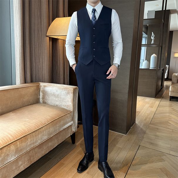 Men's Two-Button Slim Fit Suit Set – Business Formal & Wedding Blazer With Notch Lapel & Center Vent (Navy/Black/Gray, Optional Vest)_viptrois.com