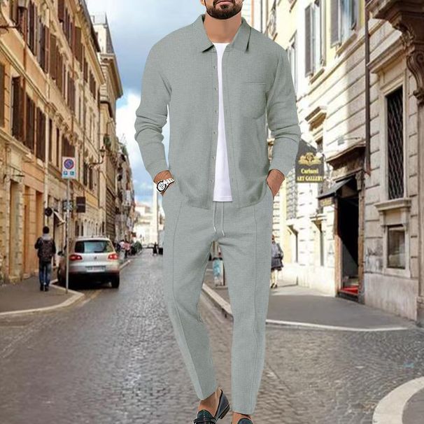 Cross-Border European And American New Style Waffle Sleeve Long Pants Two-Piece Set Turn-Down Collar Solid Color_viptrois.com