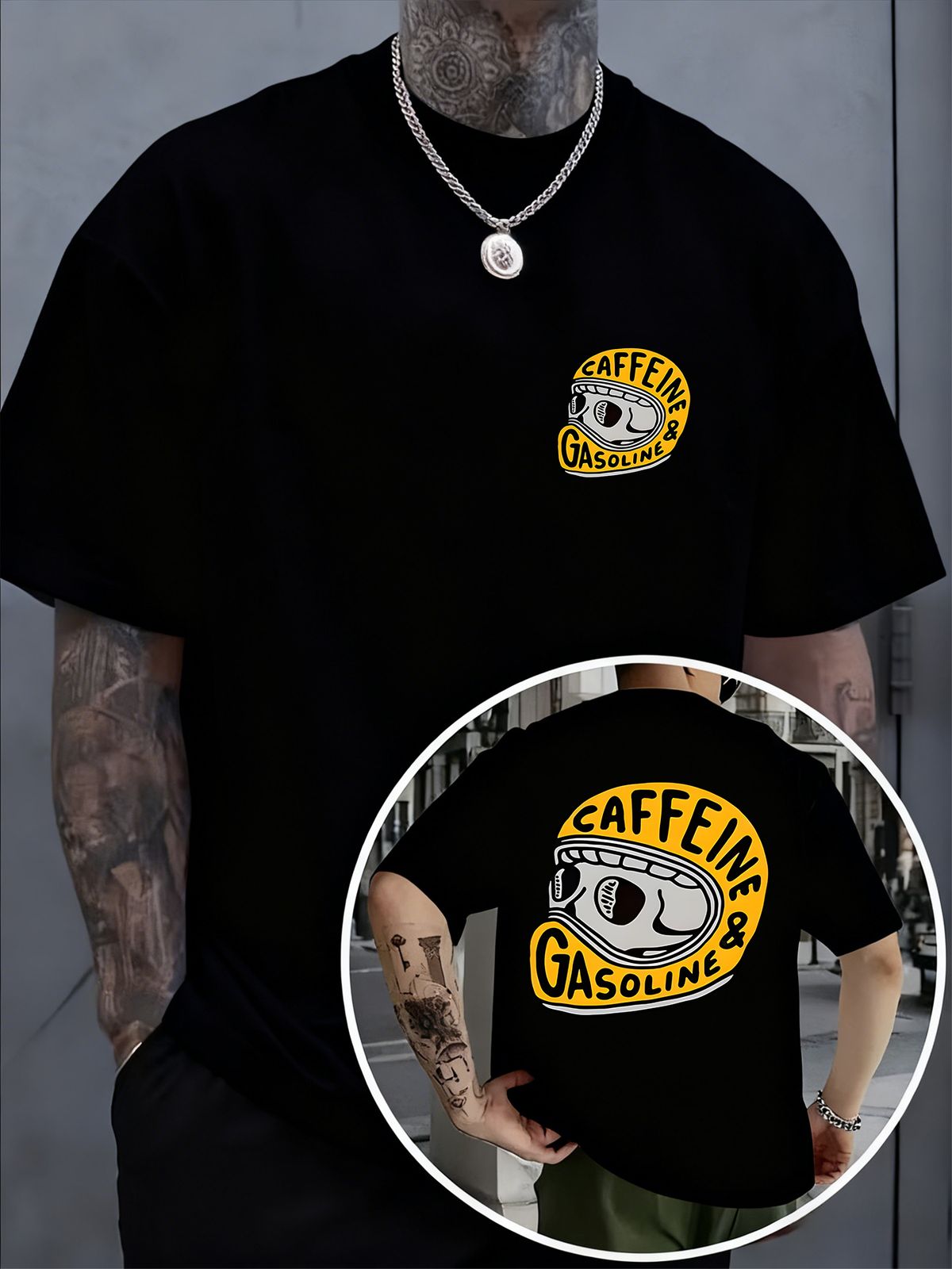 Maglietta Uomo 100% Cotone 180g Girocollo, Stampa Koffein-Benzin Fronte E Retro, Tessuto Confortevole Indossabile Tutte Le Stagioni Stile Casual_viptrois.com