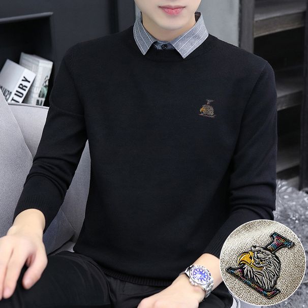 Patterned Shirt Collar Men Two-Piece Spring Autumn New Korean Style Base Knitwear Trendy Slim Fit Sweater_viptrois.com