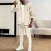 Autumn new waffle men's casual hooded color blocked sleeved cardigan jacket long pants set_viptrois.com