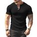 Men's New Solid Color Summer Versatile T-shirt Henley Shirt Casual Knit Short-sleeved Tops_viptrois.com