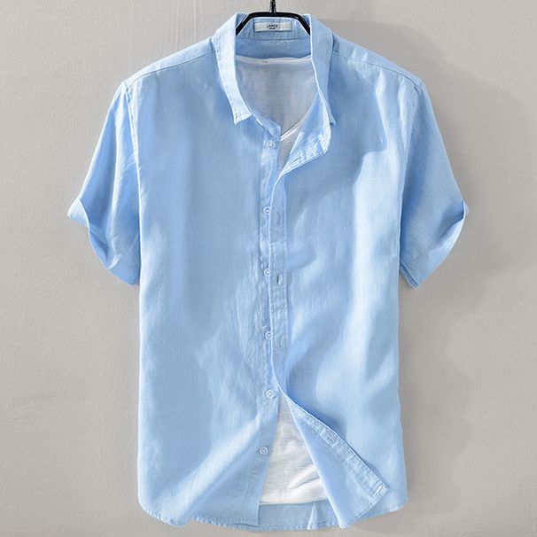 Men's Pure Linen Short Sleeve Shirt - Breathable & Lightweight Summer Casual Shirt, Relaxed Fit, Solid Color (White, Beige, Grey, Blue) - XXS To 5XL_viptrois.com