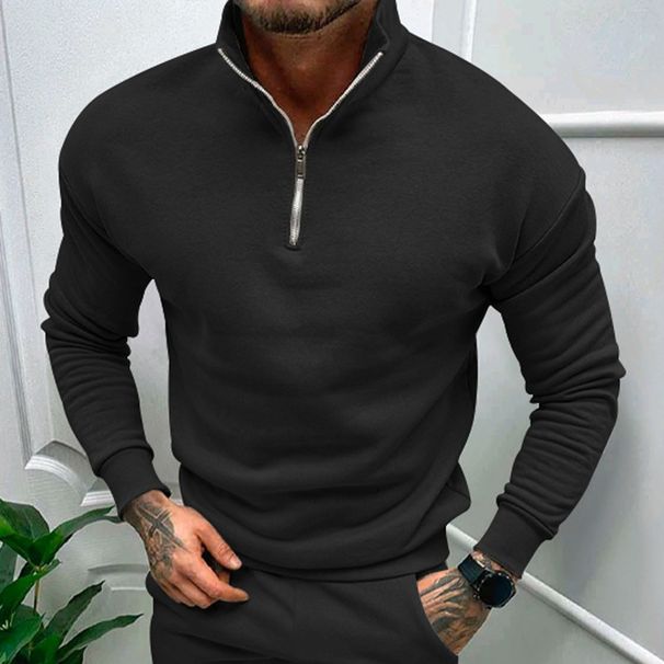 Men's Casual Plus Velvet Solid Color Long-Sleeved Half-Zipper Polo Stand-Up Collar Top_viptrois.com