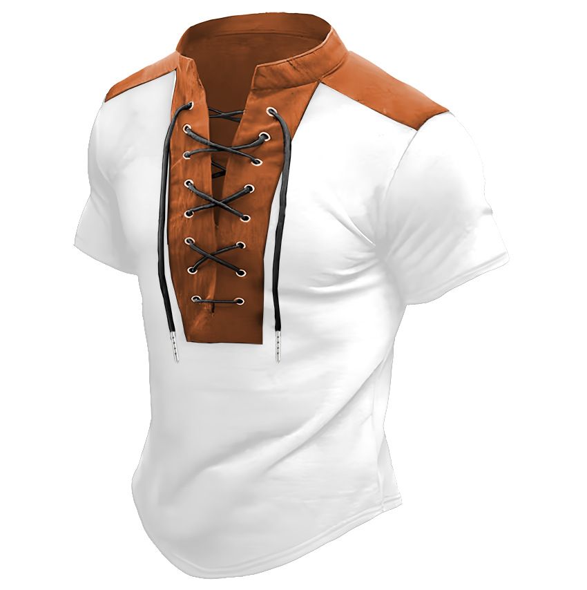 Vintage Drawstring Stand Collar Polo Shirts Summer Men Casual Short Sleeve Tops For Mens Retro Patchwork Polo T Shirts_viptrois.com