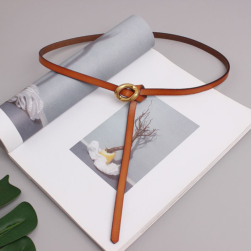 Retro metal buckle cowhide strap thin belt women's decorative dress with skirt soft versatile casual small belt_viptrois.com