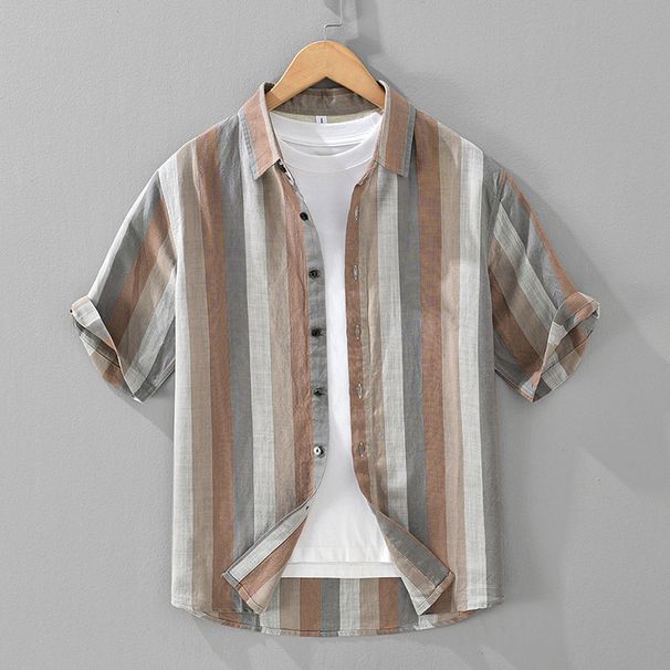 Summer Vintage Color Woven Linen Short Sleeved Men's Contrasting Striped Casual Lapel Versatile Shirt_viptrois.com