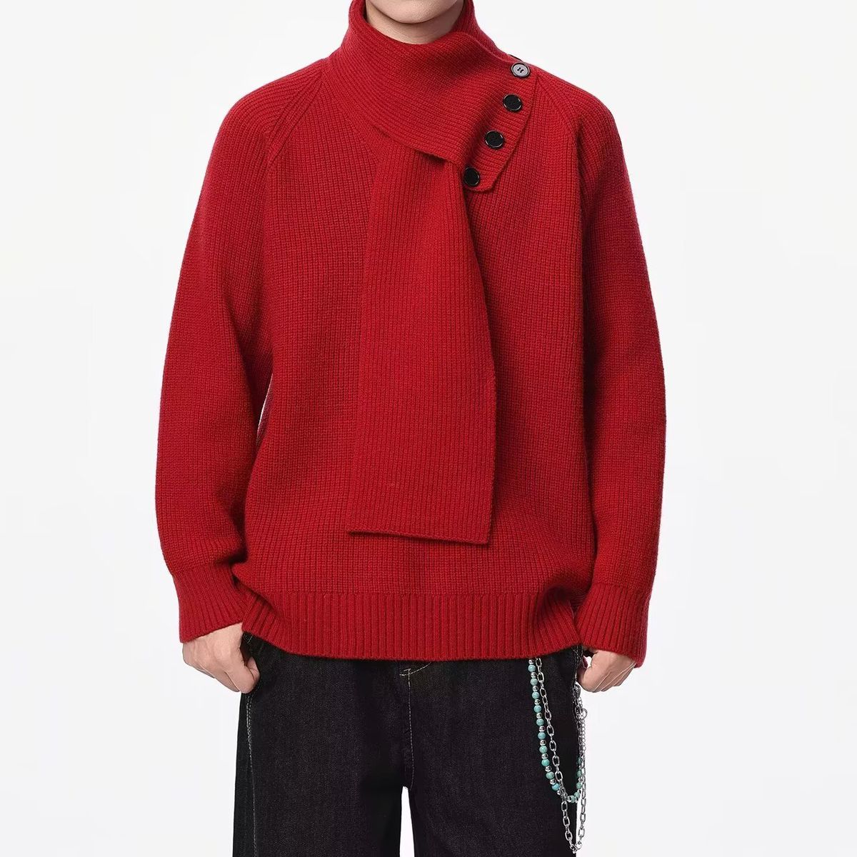 New Year's Red Thick Sweater Men's Warm High Collar Simple Knitted Couple Sweater_viptrois.com