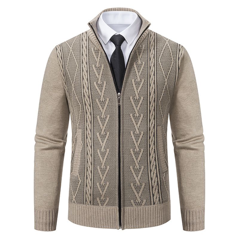 1 Cross-Border Source Vintage Jacquard Stand Collar Sweater Jacket Men Winter New Slim Fit Knitted Top For Youth_viptrois.com