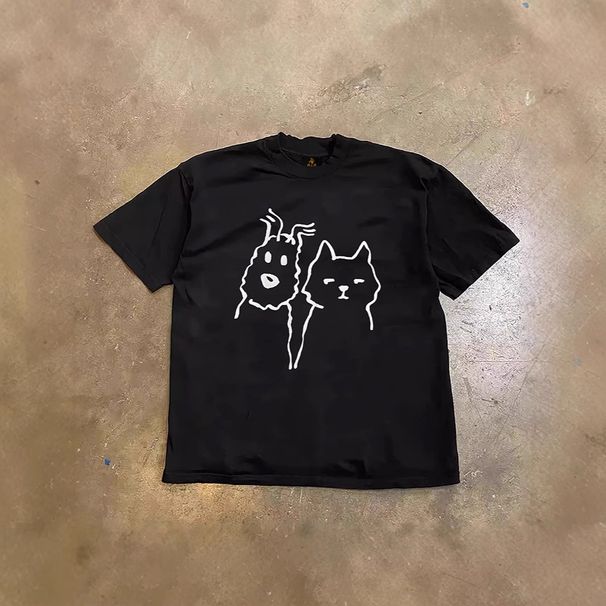Heavyweight Pure Cotton Loose Short Sleeved T-Shirt For Couples And Men Oversized Niche Puppy Emoji Print Top_viptrois.com