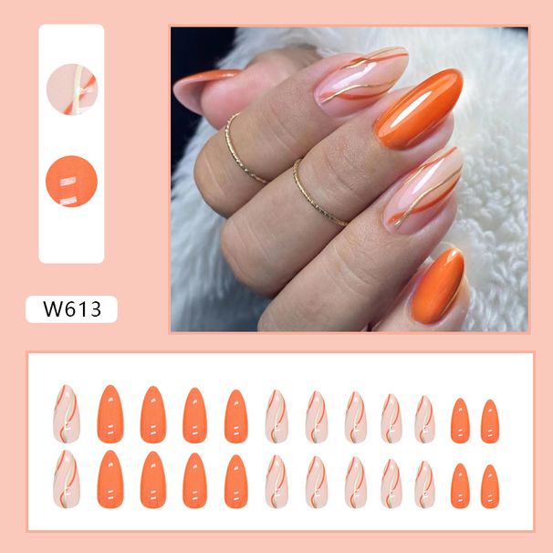 Solid Color Orange Crystal Frozen Almond Nail Gold Thread Corrugated European And American Ins Style Nail Finished Product 24 Pieces Boxed Nails_viptrois.com