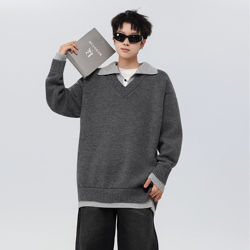 Collar Solid Color Knitted Sweater For Men, Versatile, Trendy And Casual Design, Long Sleeved_viptrois.com