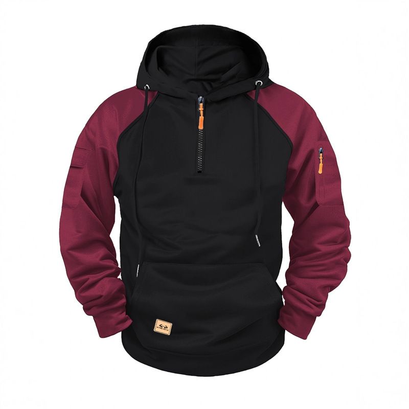 Men's Hoodie, Spring And Autumn Zipper Sports Hoodie, Half-Zipper Color-Blocked Arm Pocket Top_viptrois.com