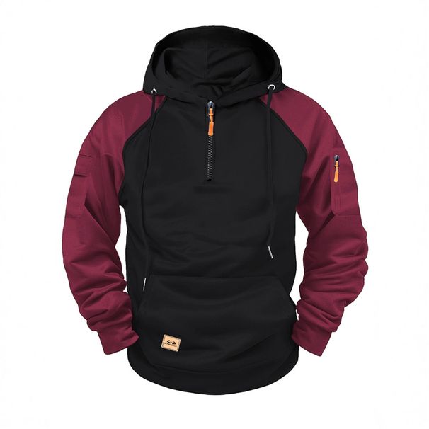 Men's Hoodie, Spring And Autumn Zipper Sports Hoodie, Half-Zipper Color-Blocked Arm Pocket Top_viptrois.com