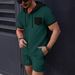 Men's Clothing New Waffle Men's Hooded Color Matching Short Sleeved Cardigan Casual Jacket Shorts Suit_viptrois.com