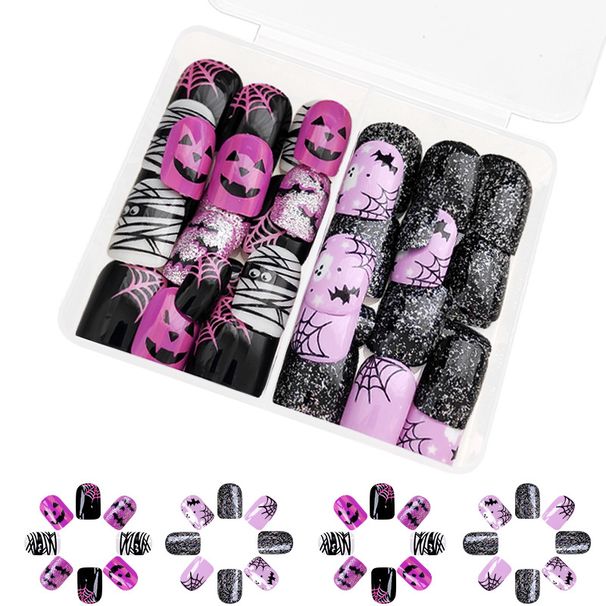 Short Glitter Halloween Cobweb Bat Ghost Face Fashion Temperament Wear Nail Art Combination 48 Pieces 24 × 2_viptrois.com