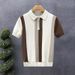 Men's Summer Ice Silk Knitted Polo Shirt Short Sleeve Trendy British Style Color Block Striped Casual Fashion Turn Down Collar T-Shirt_viptrois.com