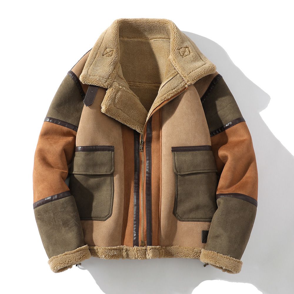 Men's Clothing large size lapel fur and velvet thickened warm stitching color matching jacket_viptrois.com