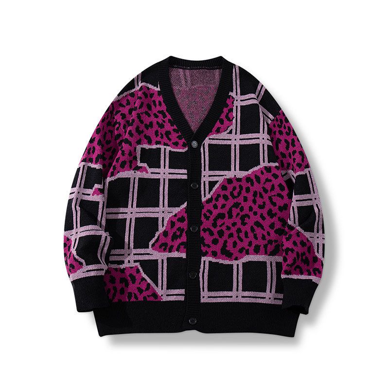 Oversized Color-Block Cardigan – Unisex Jacquard Knit Sweater (Streetwear, Long Sleeve, Black)"_viptrois.com