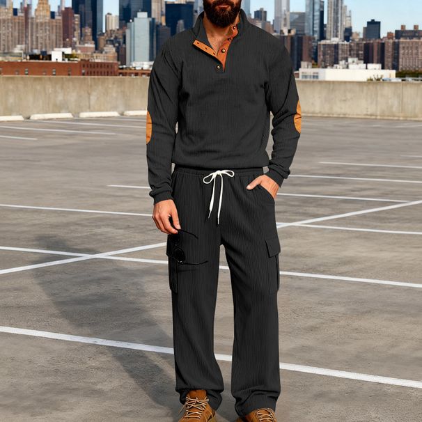 Men's Corduroy Sweatshirt Set Henry Button Loose Workwear Outdoor Commuter Autumn Winter New Arrival_viptrois.com