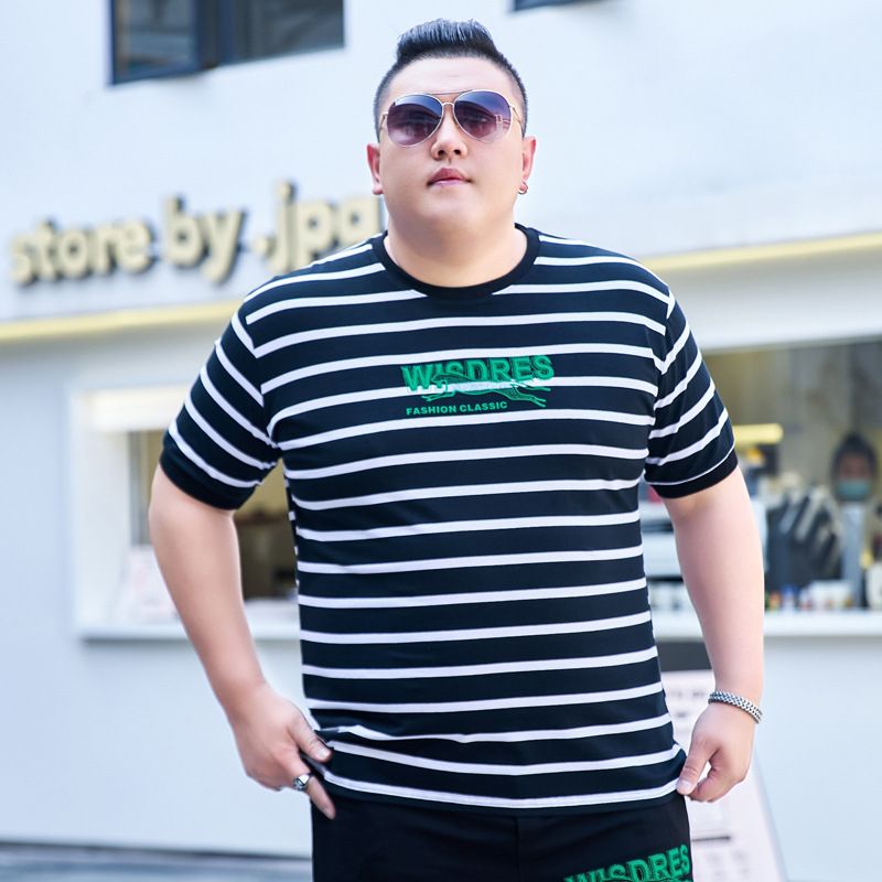 Men's Clothing plus size striped shirt short-sleeved T-shirt extra large youth fat boy half-sleeved T-shirt top 195_viptrois.com