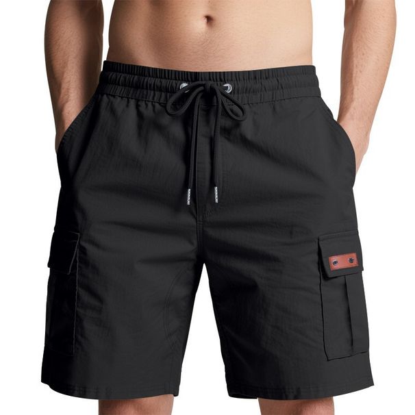 Summer Men's Solid Color Cargo Shorts American Style High Street Casual Commuter Drawstring Loose Straight Leg_viptrois.com