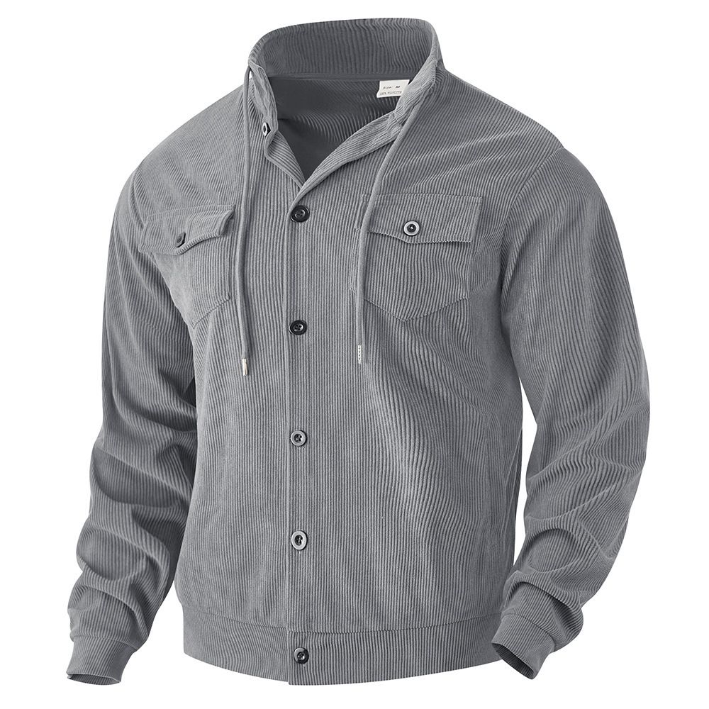 Men's Clothing Corduroy Collar Jacket Retro American Style Multi-Pocket Workwear Black Blue Khaki V-Neck Long Sleeve Casual Basic_viptrois.com