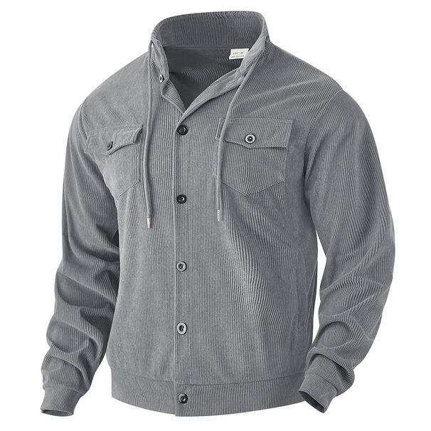 Men's Clothing Corduroy Collar Jacket Retro American Style Multi-Pocket Workwear Black Blue Khaki V-Neck Long Sleeve Casual Basic_viptrois.com