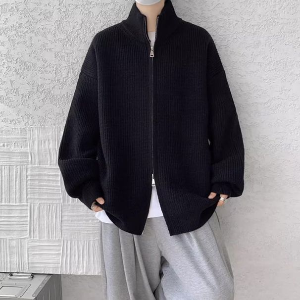 Double-Zip Cardigan Jacket – Oversized Streetwear Sweater With Stand Collar (M-3XL, Grey/Black)_viptrois.com
