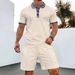 Men's Waffle Knit Short Sleeve Shirt & Shorts Set - Lapel Collar With Zipper Detail, Solid Color Casual Outfit_viptrois.com