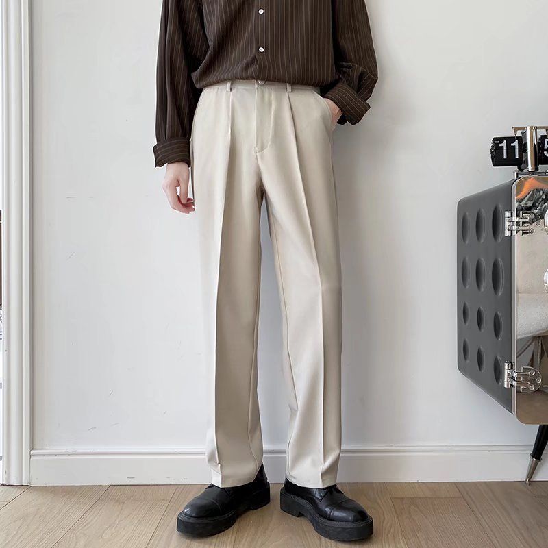 White Men's Suit Trousers Sophisticated Loose Straight Leg Wide Leg Floor Length Casual Versatile And Flowing Style for Autumn_viptrois.com