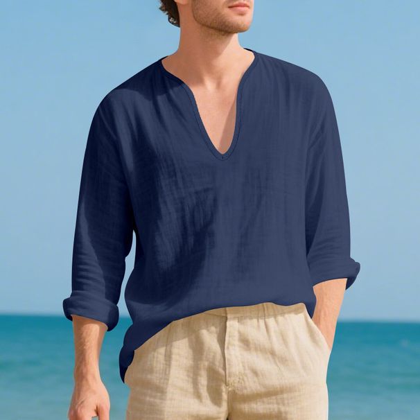 Autumn New American Loose Breathable Linen Casual Men's V Neck Design Large Size Long Sleeved T Shirt_viptrois.com