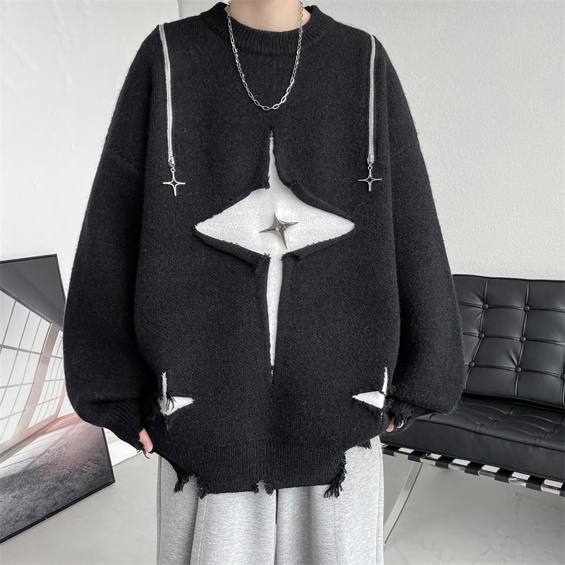 Men's Clothing Men's Hip-Hop Star Print Sweater Oversized Streetwear Knit Pullover Unisex Casual Winter Fashion In Wine Red_viptrois.com