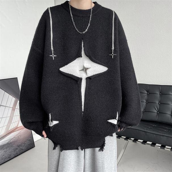 Men's Clothing Men's Hip-Hop Star Print Sweater Oversized Streetwear Knit Pullover Unisex Casual Winter Fashion In Wine Red_viptrois.com