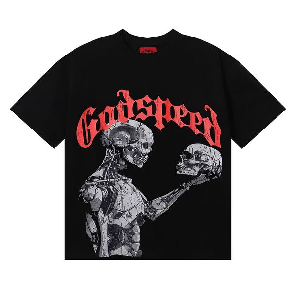 Retro Skull Print High Street Unisex Washed Distressed Short-Sleeve T-Shirts_viptrois.com