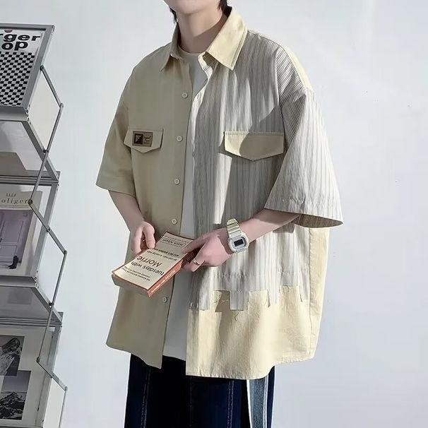 Retro Shirt Men's Long Sleeved Contrasting Patchwork Workwear Shirt Design Sense, Cool And Trendy, Explosive Street_viptrois.com