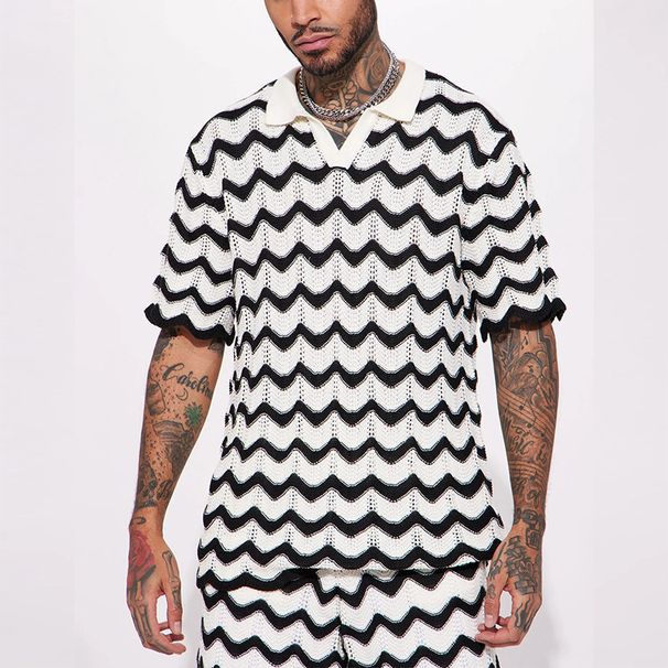 Men's Clothing Wave Pattern Hollow Short Sleeved Tops Casual Sports Shorts Men's Suit_viptrois.com