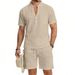 Men's Linen Blend Short Sleeve Henley And Shorts Set - Breathable Workwear Style Summer Outfit, Relaxed Fit Casual Two-Piece_viptrois.com