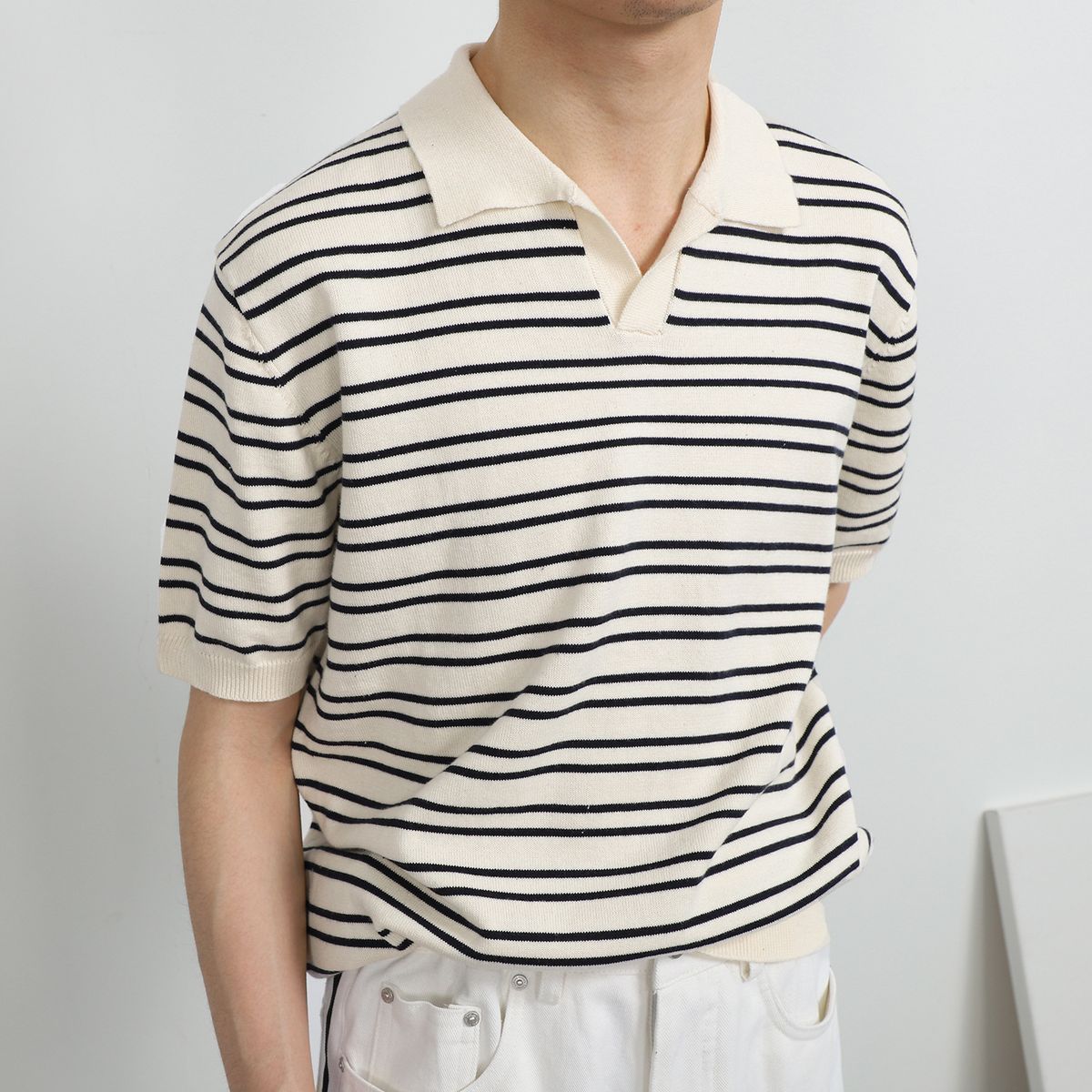 Men's Clothing Summer V Neck Ice Silk Striped Polo Shirt Short Sleeved Versatile Simple Fashion Lapel T Shirt_viptrois.com