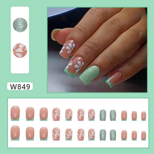 False Nails Medium And Long Fresh Sunflower Glitter French Nail Art Green Natural Nail Wearing Finished Nail_viptrois.com
