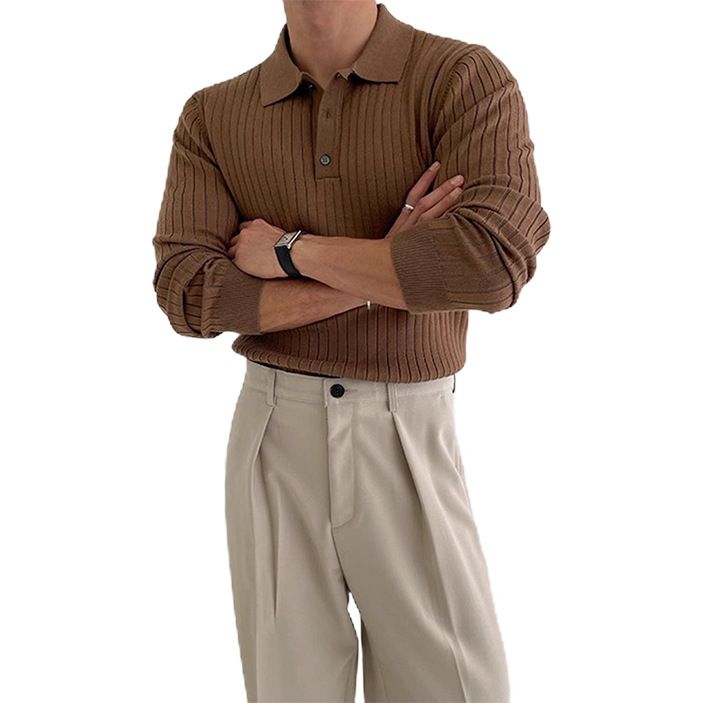 Men's Slim-Fit Business Knit Sweater – Lightweight Long Sleeve Pullover (White/Black/Brown, S-XXL EU Sizing)_viptrois.com