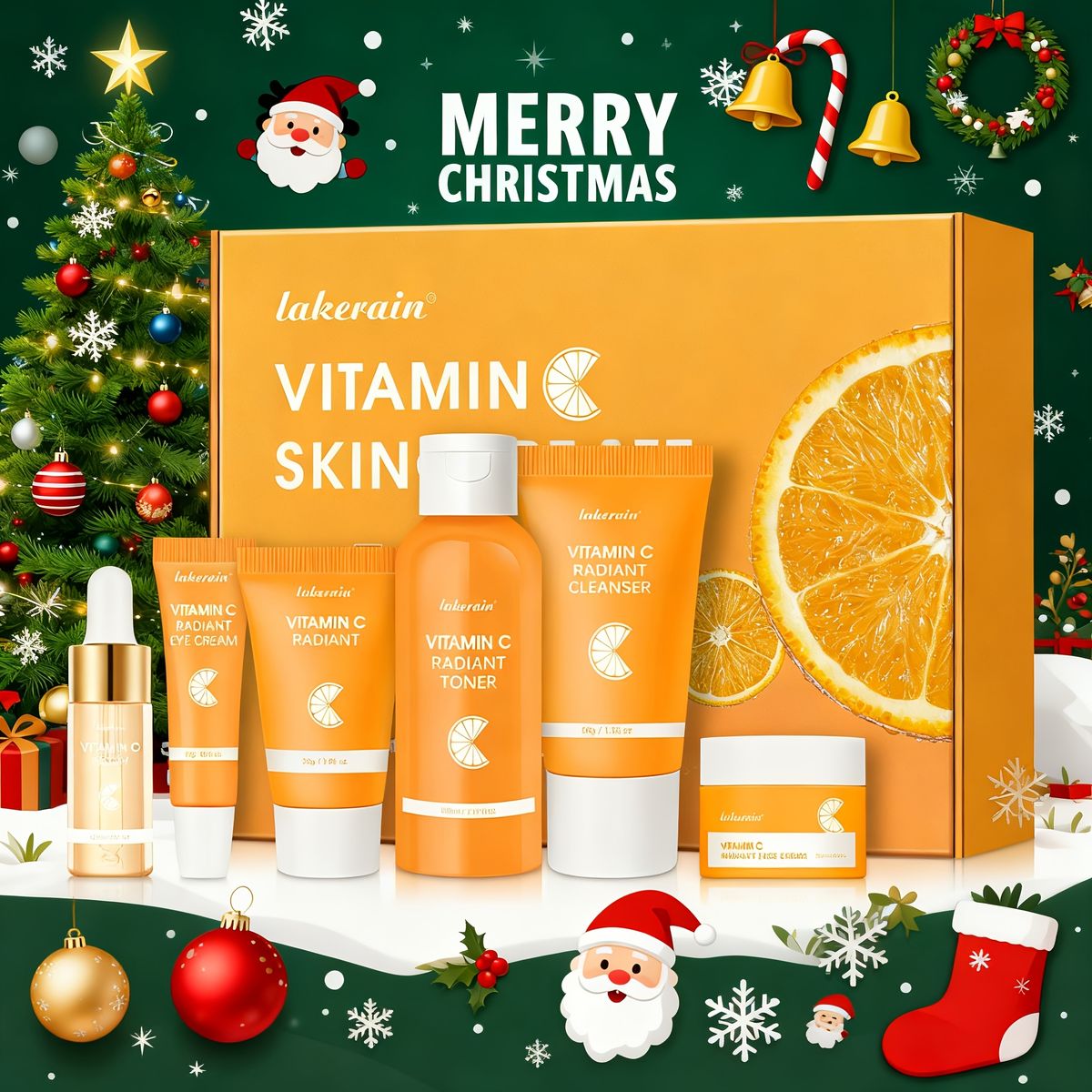 Vitamin C Skincare Set, 6 In 1 Complete Facial Care Kit With Cleanser, Serum, Cream, Toner, Eye Cream And Sun Lotion -_viptrois.com