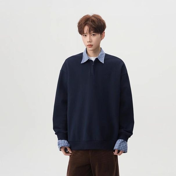 Chinese Streetwear Brand Patchwork Faux Two Piece Polo Collar Sweatshirt, Loose Oversized Design, Versatile Outerwear For Spring, Autumn And Winter._viptrois.com
