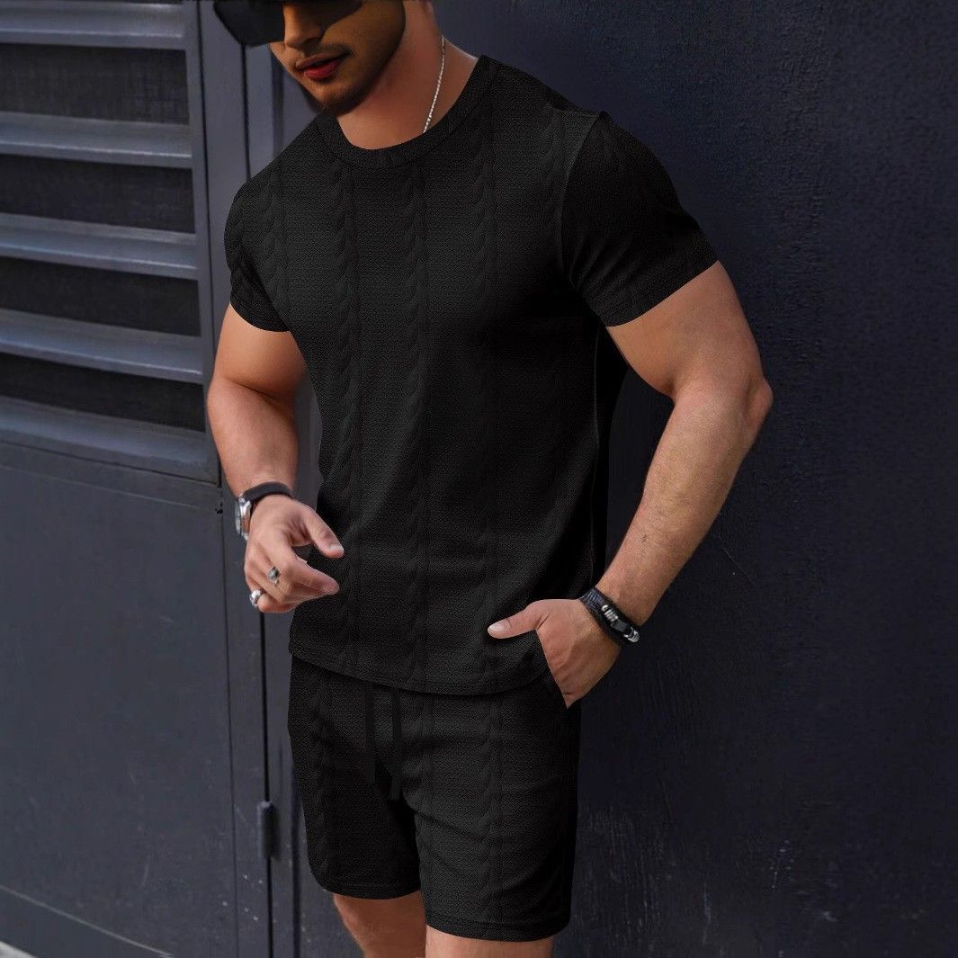 Men's Clothing Solid Color Jacquard Leisure Round Neck Pullover Short Sleeved Shorts_viptrois.com