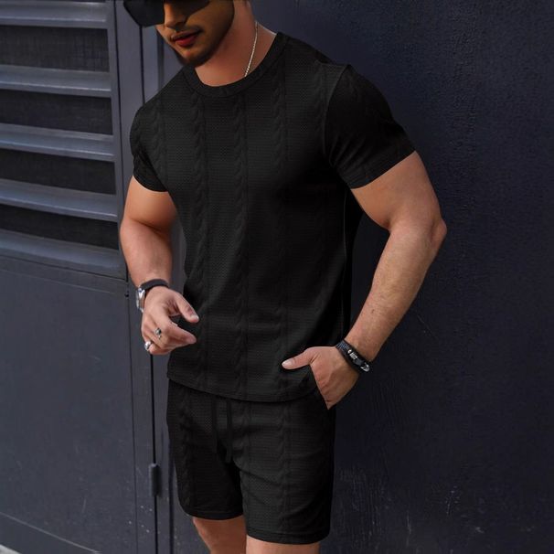 Men's Clothing Solid Color Jacquard Leisure Round Neck Pullover Short Sleeved Shorts_viptrois.com