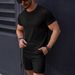 Men's Clothing Solid Color Jacquard Leisure Round Neck Pullover Short Sleeved Shorts_viptrois.com